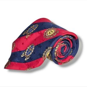 MCM Red & Navy Stripe Silk Tie Gold Shield & Logo VINTAGE